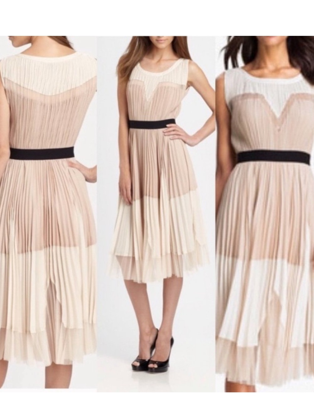 BCBGMaxAzria Powder Beige and Ivory Pleated Midi Dress with Black Waist